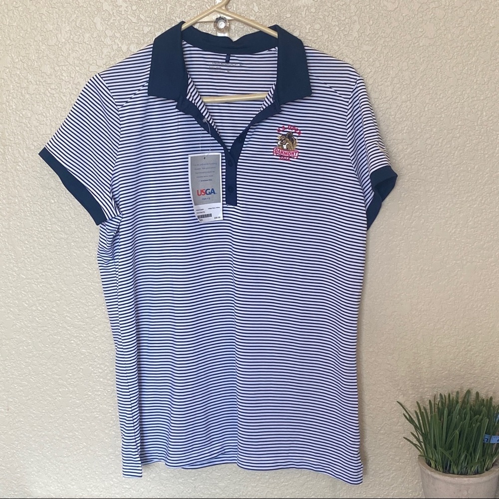 Nike golf US Open golf shirt oakmont blue and white stripes new NWT squirrel